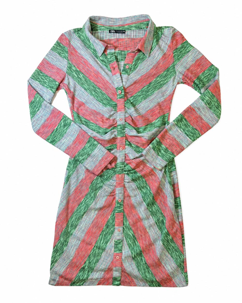 Zara Womens Size S Multicolor Striped Ruched Button Front Mini Shirt Dress
